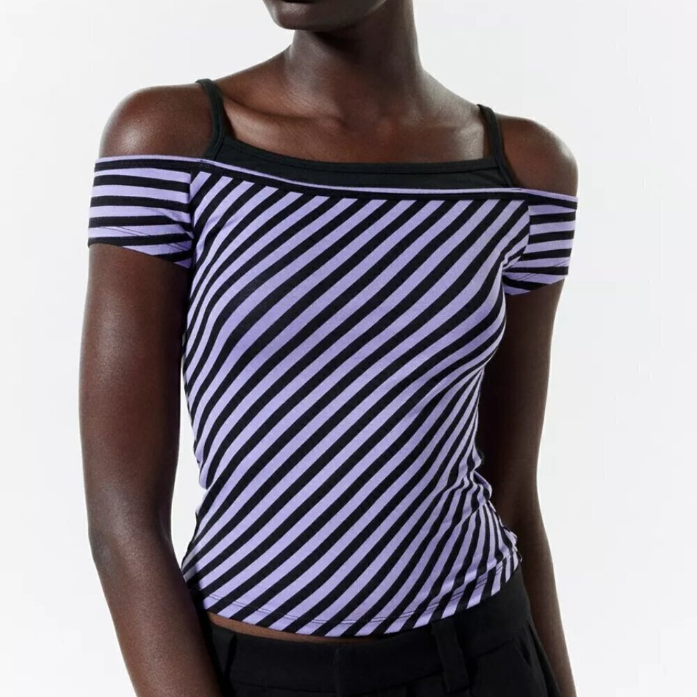 NWT UO Silence + Noise Kelli Cold Shoulder Purple Striped Tank Top